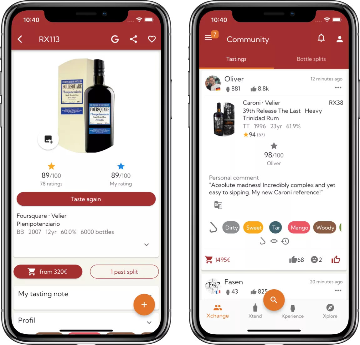 Screenshot snippets from the iOS app. Left: Overview of the rum Foursquare Plenipotenziario. Right: Community feed view with new tasting impressions.