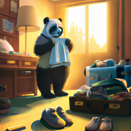 A panda packing his suitcase in a hotel room