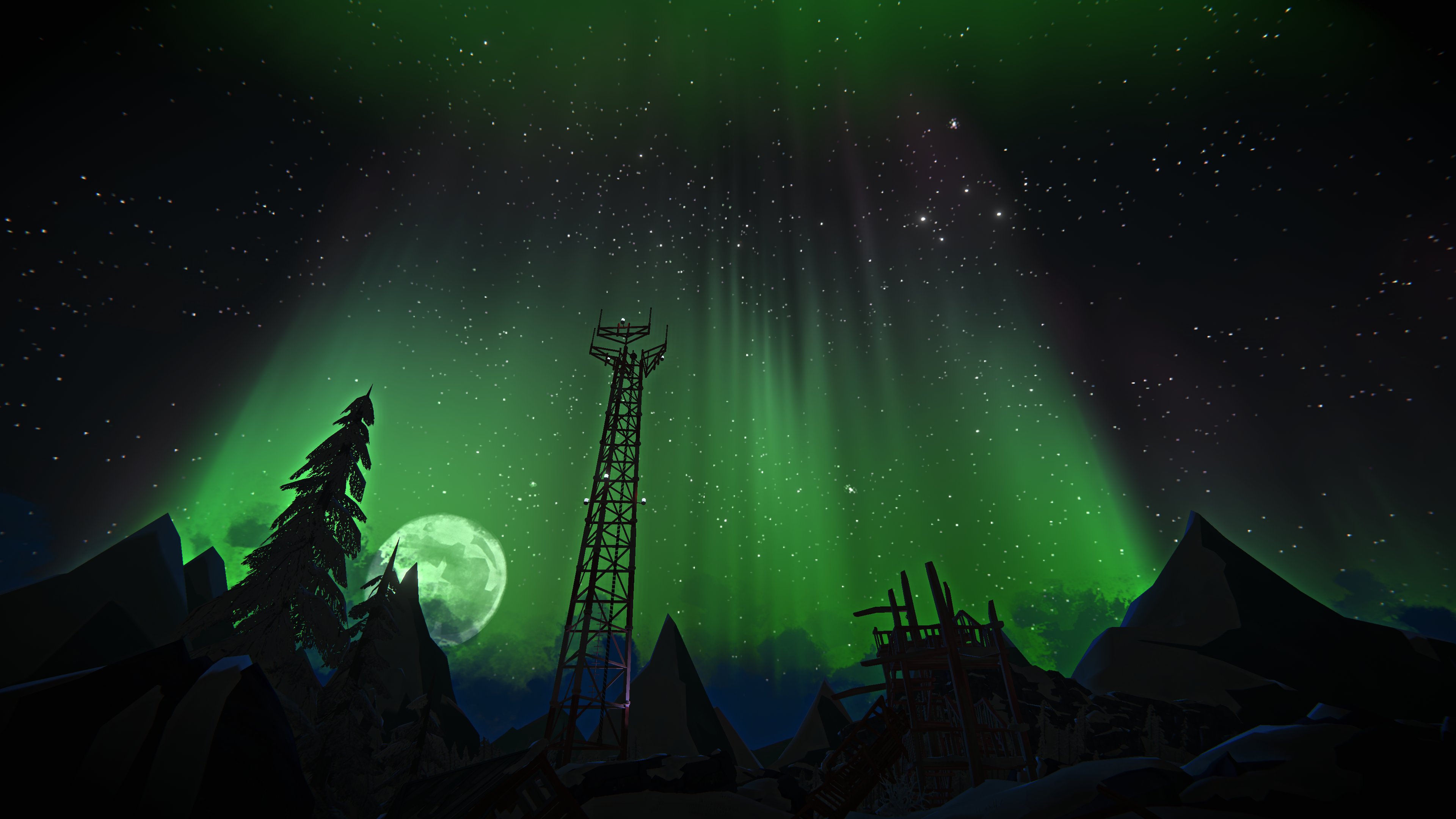 Green aurora borealis with a full moon and the silhouette of a tall transmission tower in front.