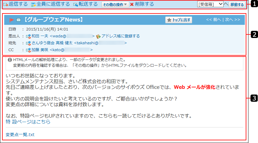 受信メールの詳細画面を説明する番号付き画像