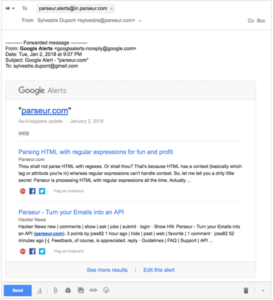 Forward an alert email to the address Parseur just gave you