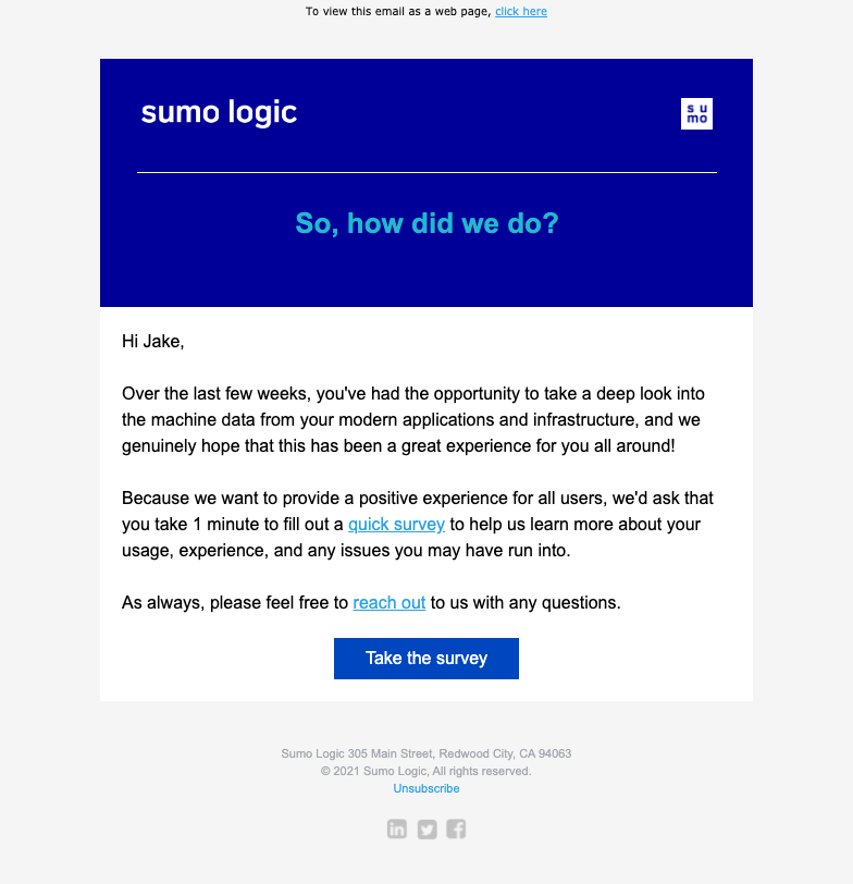 Email Engagement Content Ideas: Screenshot of Sumo Logic's email asking users for their feedback