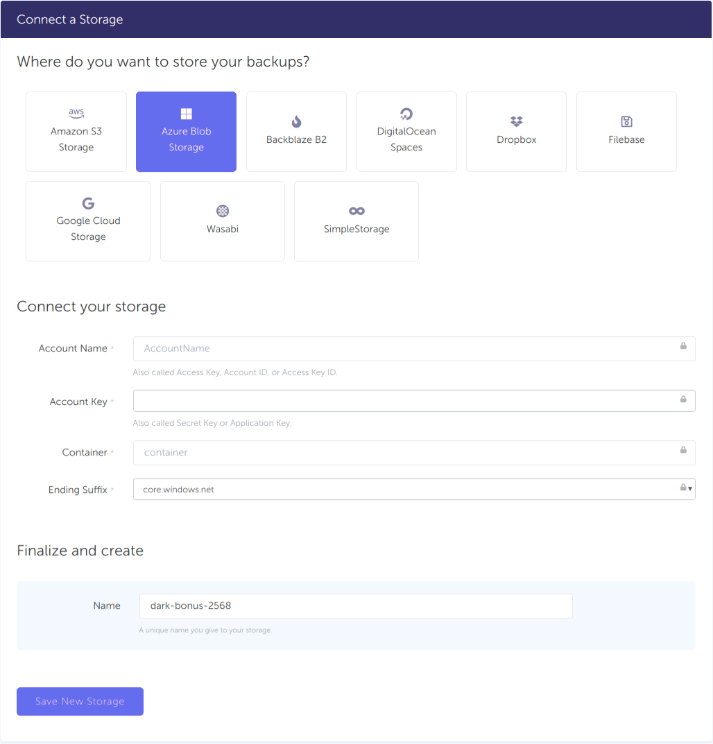 Microsoft Azure backup - Connect storage Azure storage backup - Connect storage
