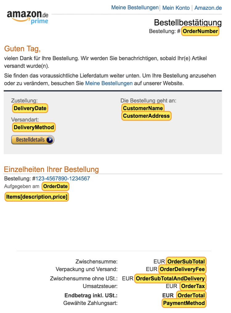 Template for processing purchases from amazon.de in German