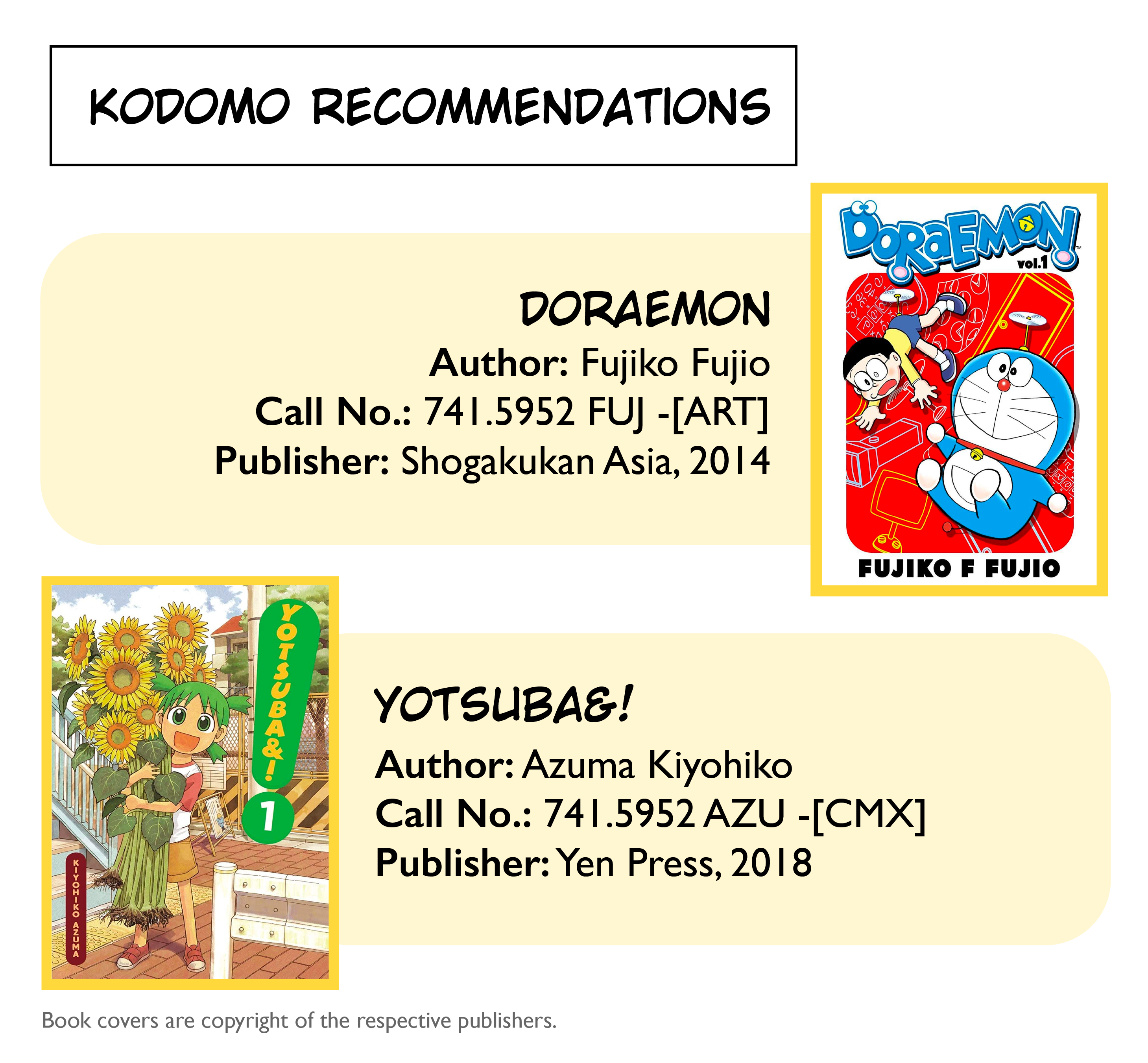Kodomo recommendations include Doraemon and Yotsuba&!