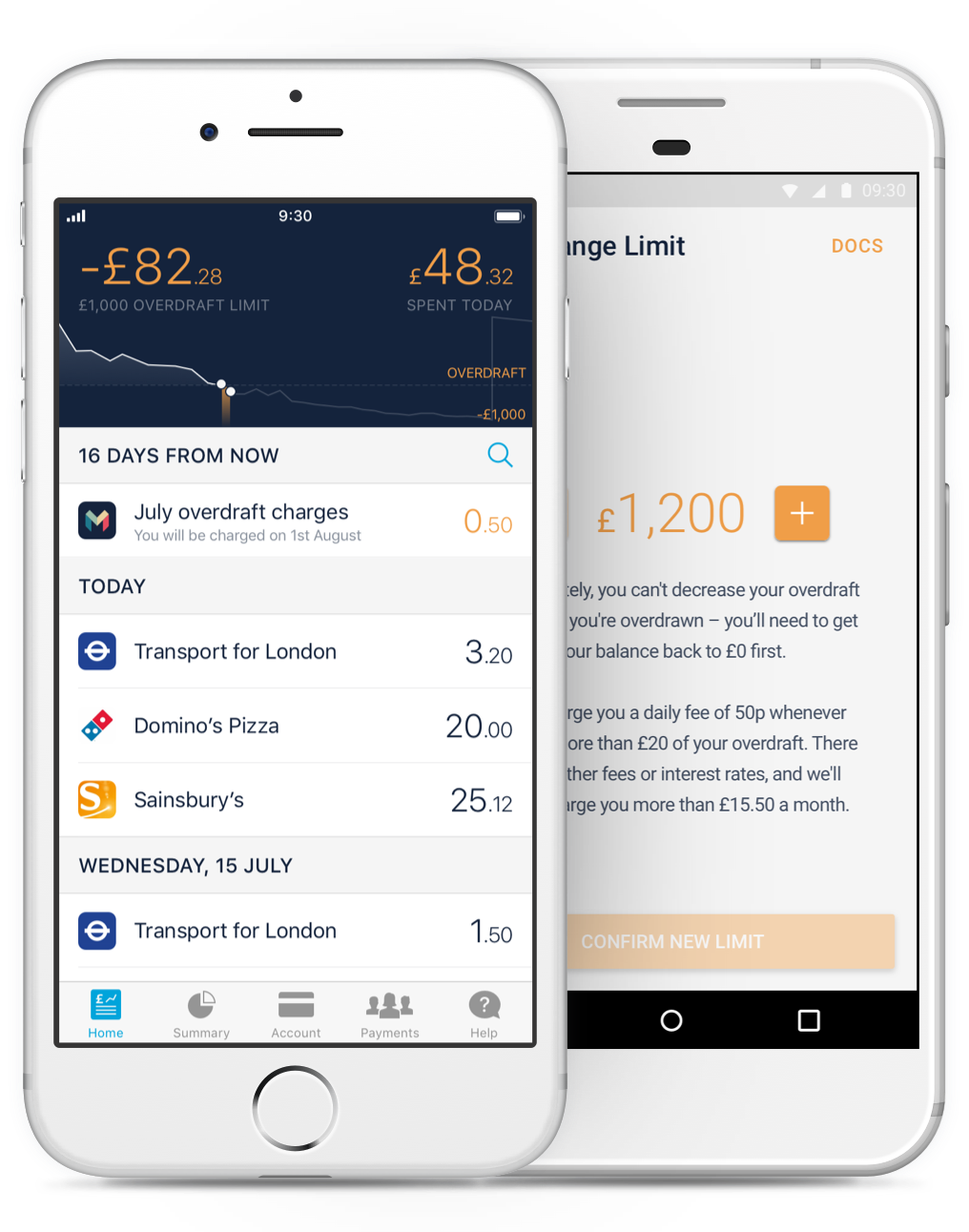 Monzo app home feed with overdraft information
