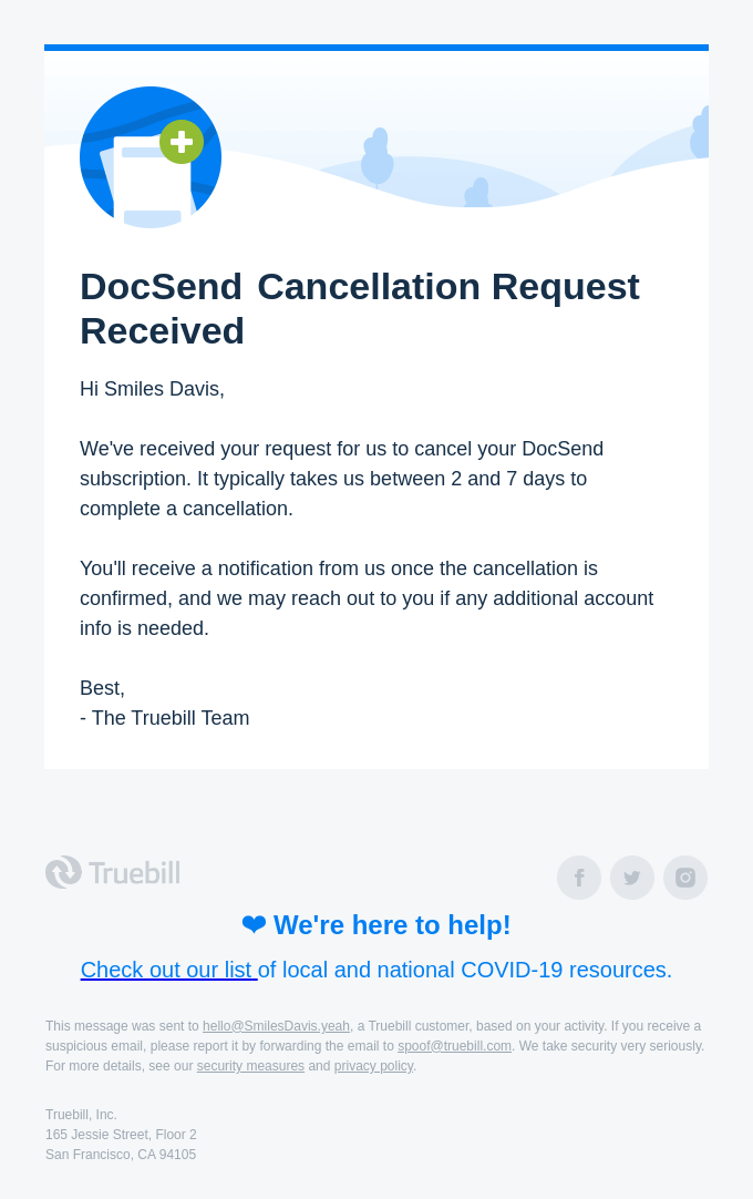 SaaS Cancellation Emails: Screenshot of Truebill's cancellation confirmation email
