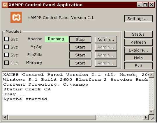 Abbildung 123: XAMPP Control Panel zum Starten und Stoppen von Apache