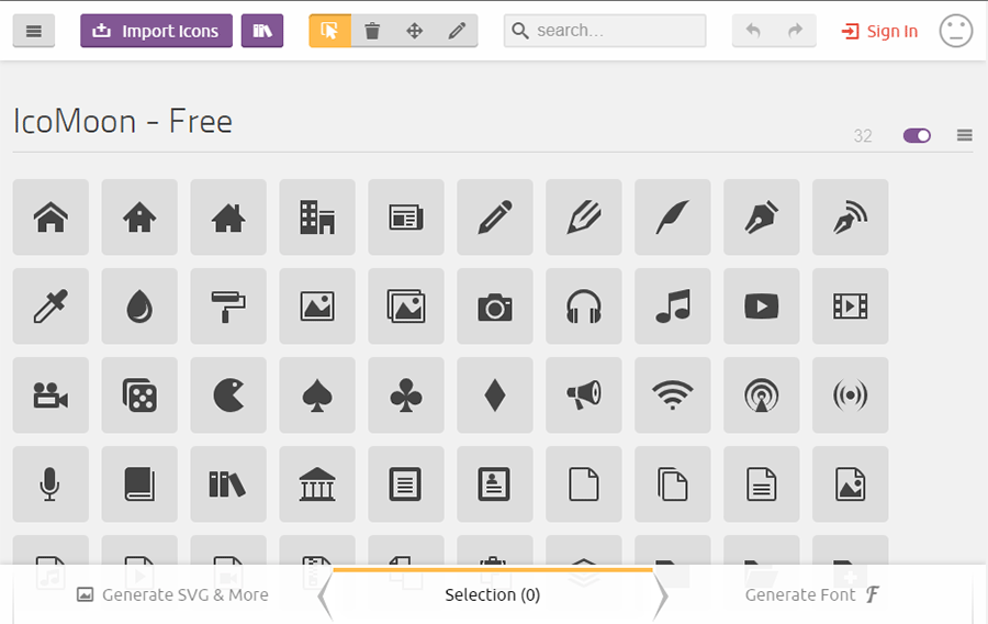 icomoon screenshot Screenshot showing a starter project open in IcoMoon's app