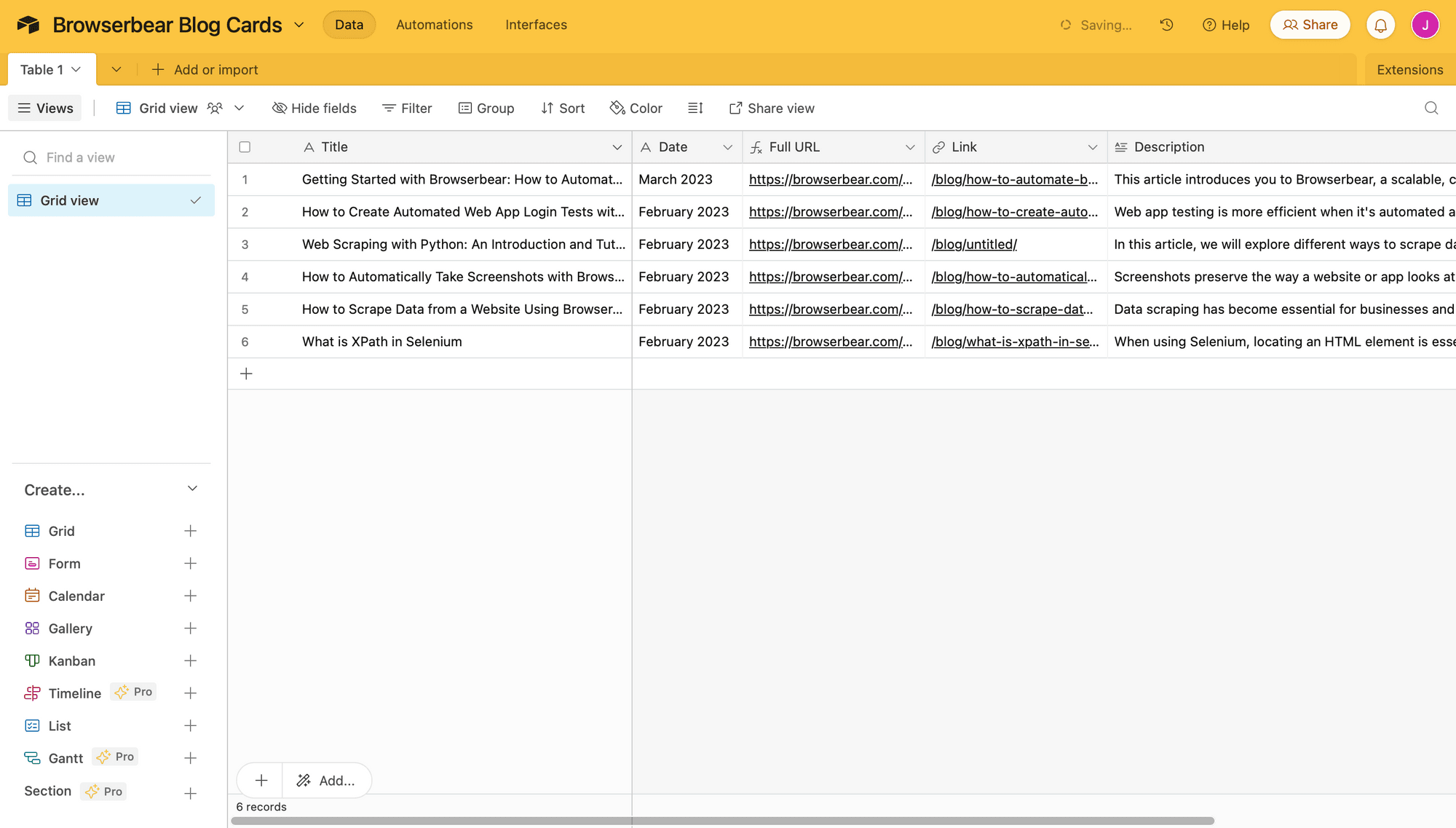 Screenshot of Airtable blog cards populated base