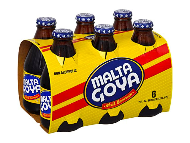 A six pack of Malta Goya in glass bottles