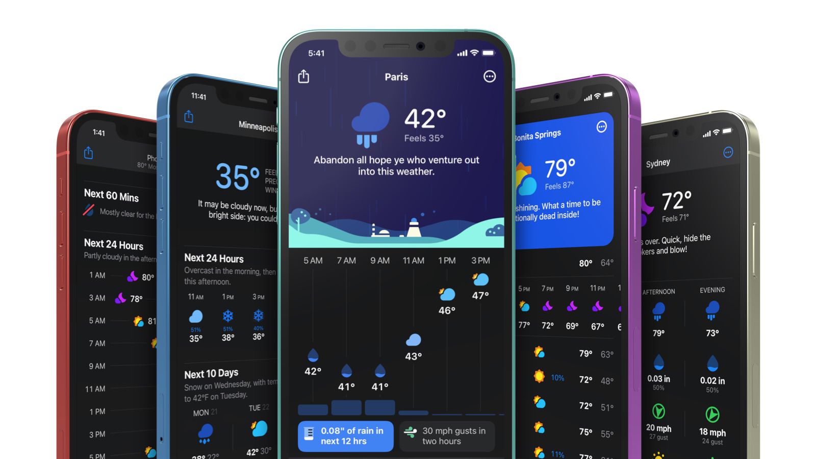 5 different phones that are all displaying the CARROT Weather app. The middle phone is showing the weather in Paris. It is 42 degree Fahrenheit and their is a drawing of a cloud with rain falling from it. Underneath is hourly data about the weather.