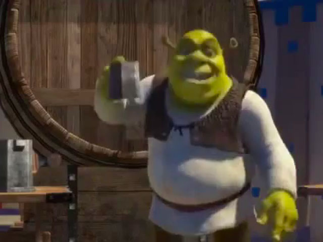 Shrek holding up a flagon while playing the Shrek Drinking Game