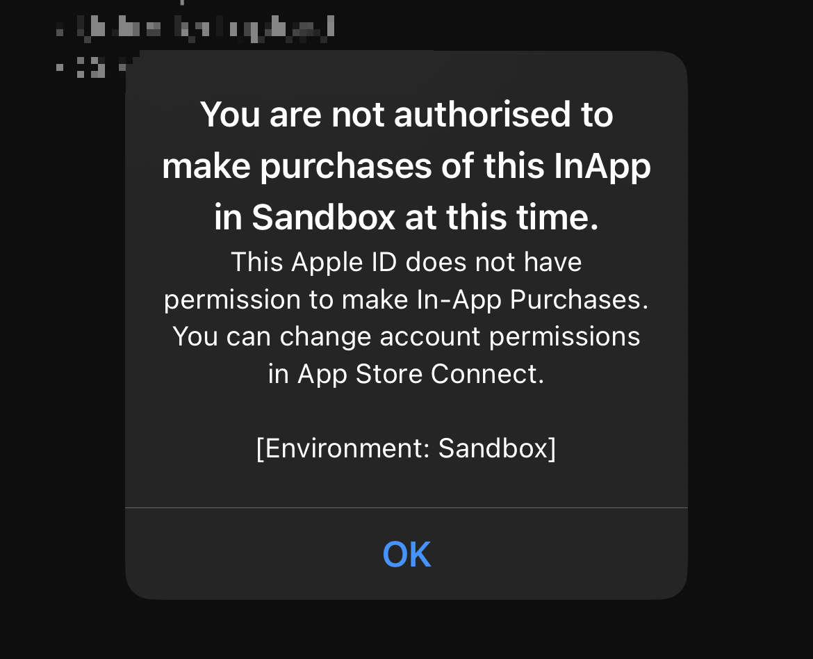 You are not authorized to make purchases of this InApp in Sandbox at this time.