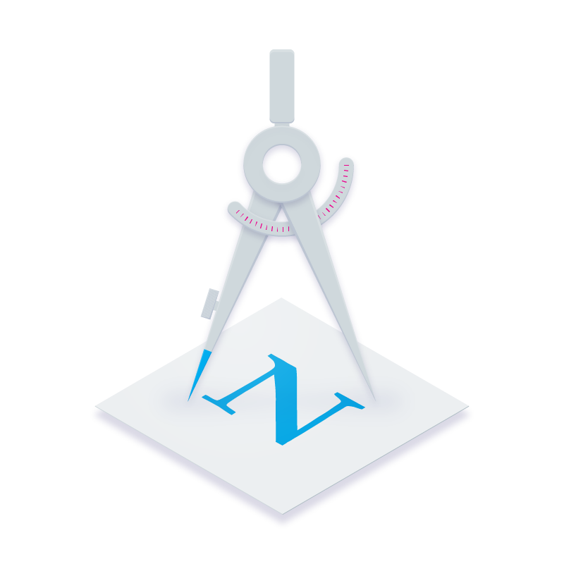 Illustration of a drafting compass standing over a sheet of paper with the letter N written on it