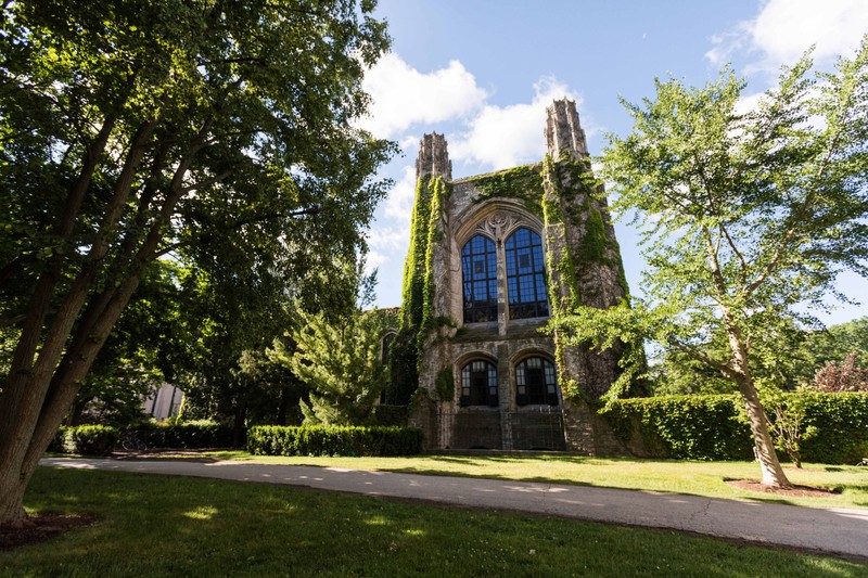 Gothic architecture at Northwestern University with ivy growing on Deering Library