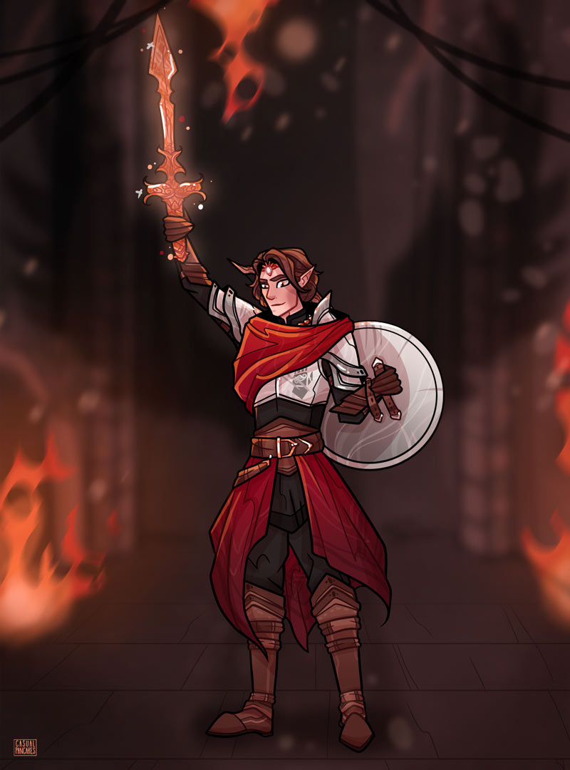 Portrait character-design-example,-a-dungeons-and-dragons-elven-fighter-surrounded-by-flaming-ruins