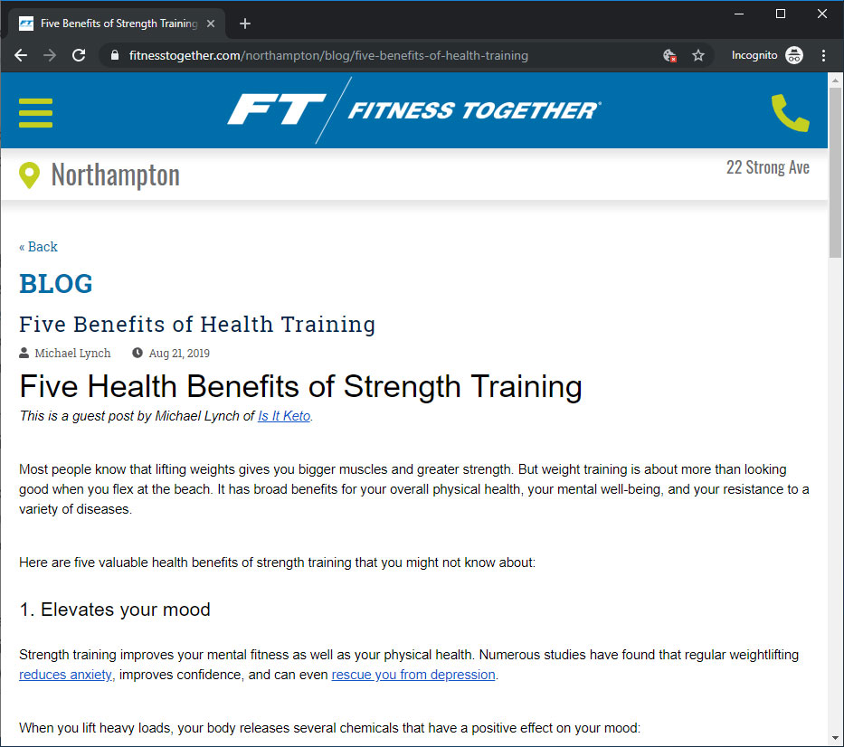 Screenshot of my blog post on Fitness Together's blog