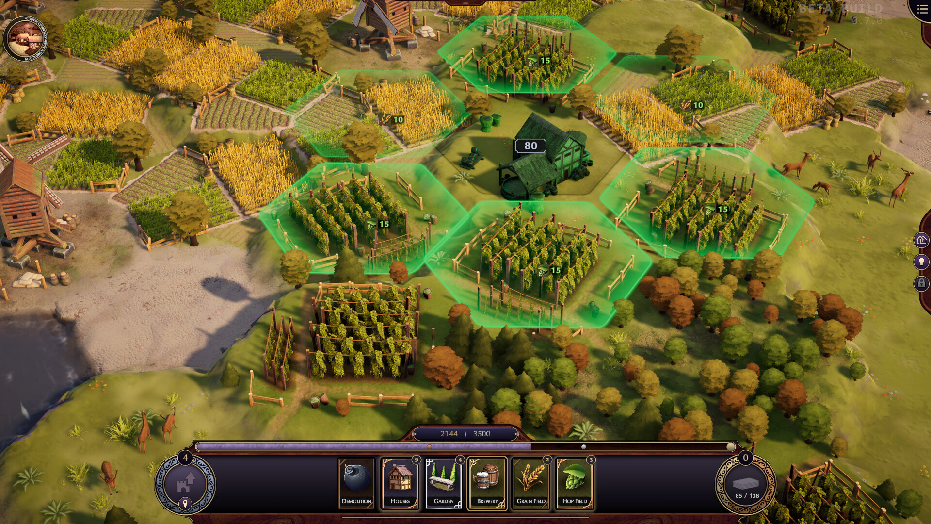 Game screenshot of a hexagonal map of a farm, with a house and its six surrounding tiles highlighted.