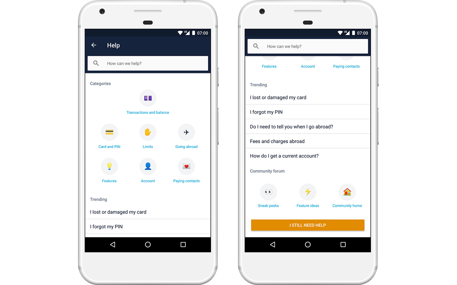 Screenshots of Android Help section, now featuring search