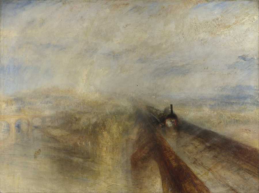 An impressionist steam train crossing an aqueduct