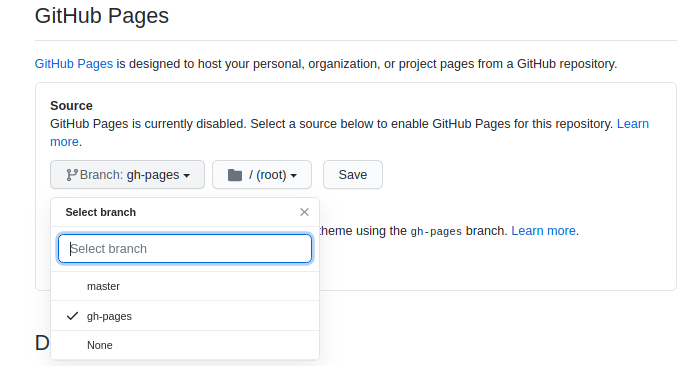 Select branch for GitHub pages