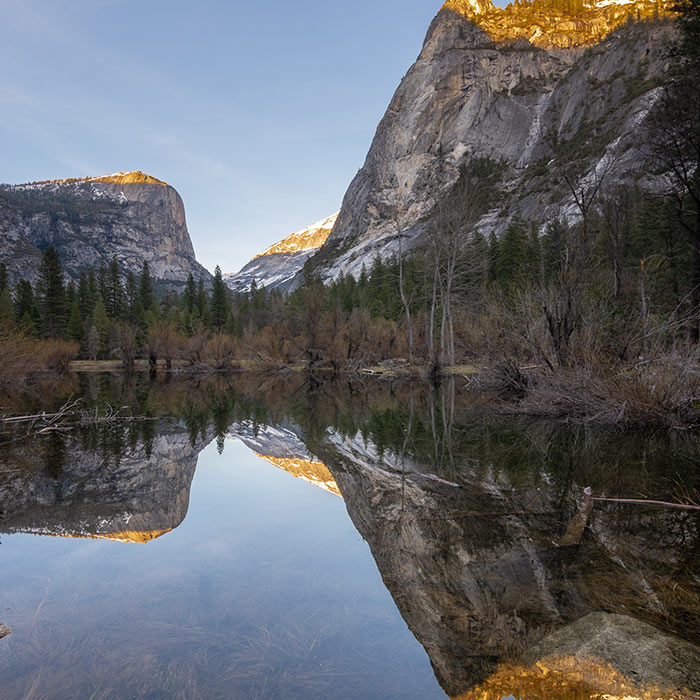 Mount Watkins and the NE slope of Tis-sa-ack (Half Dome) reflected in Mirror Lake, Yosemite National Park, CA