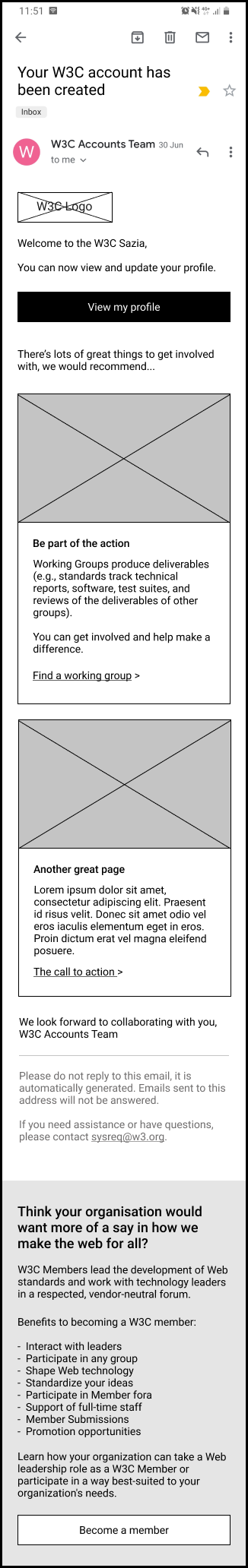 Content wireframe of Account confirmation email page