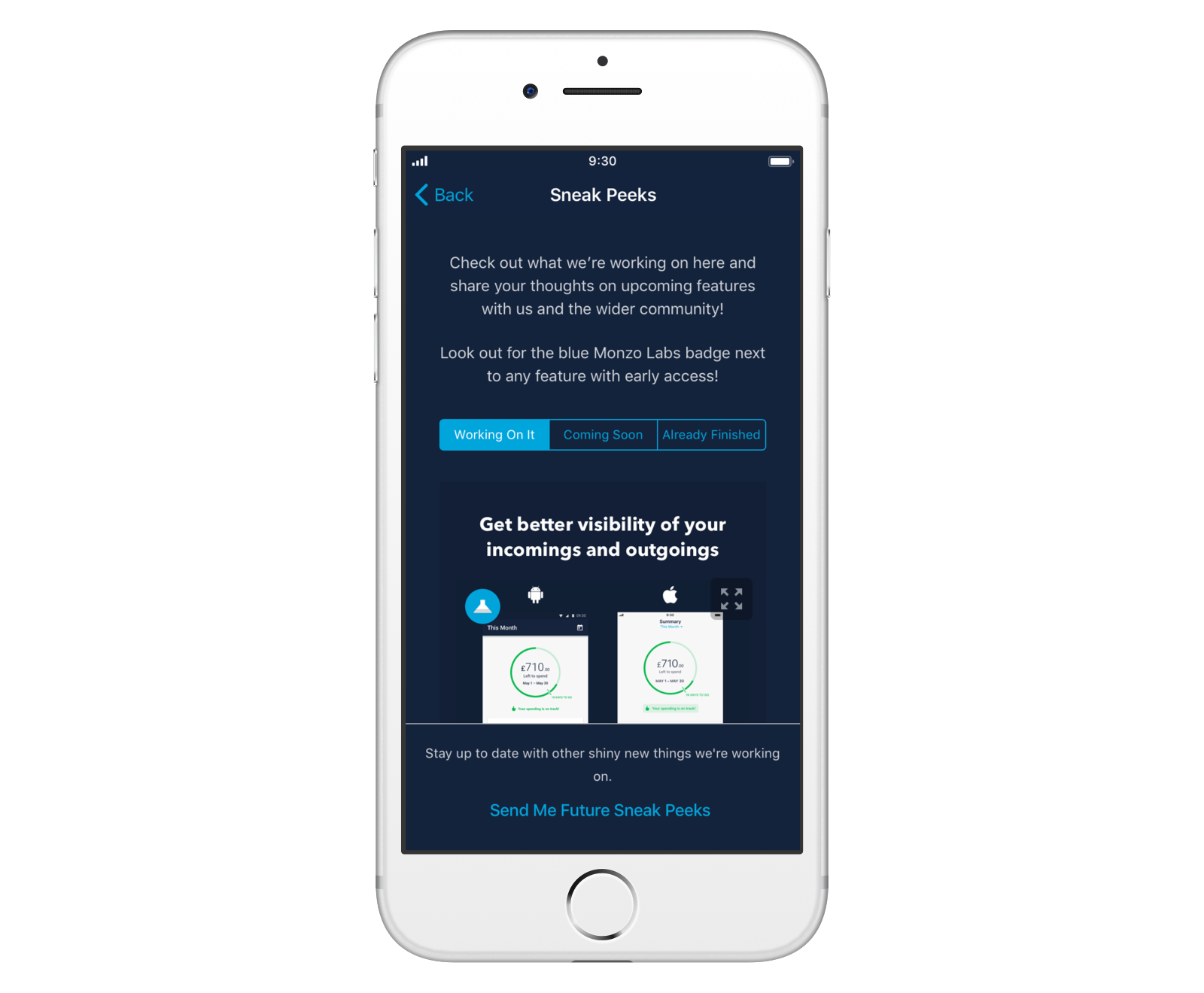 Screen showing Sneak Peeks in the Monzo app