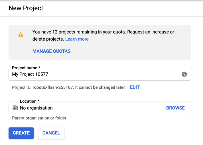 Google Developers Console - New Project