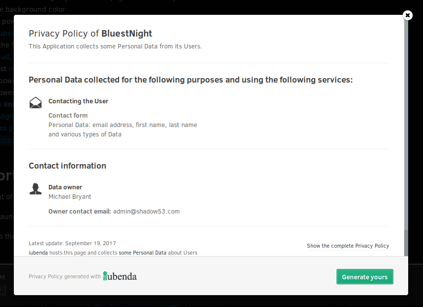 The default privacy policy available to free Iubenda accounts (BluestNight website).