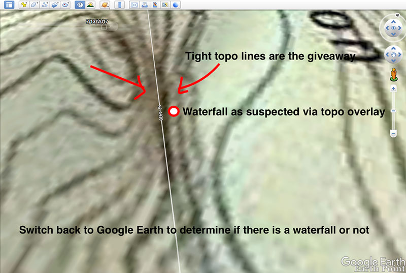 Close up of the map. The path is labelled 'Tight topo lines are the giveaway, Waterfall as suspected via topo overlay.'