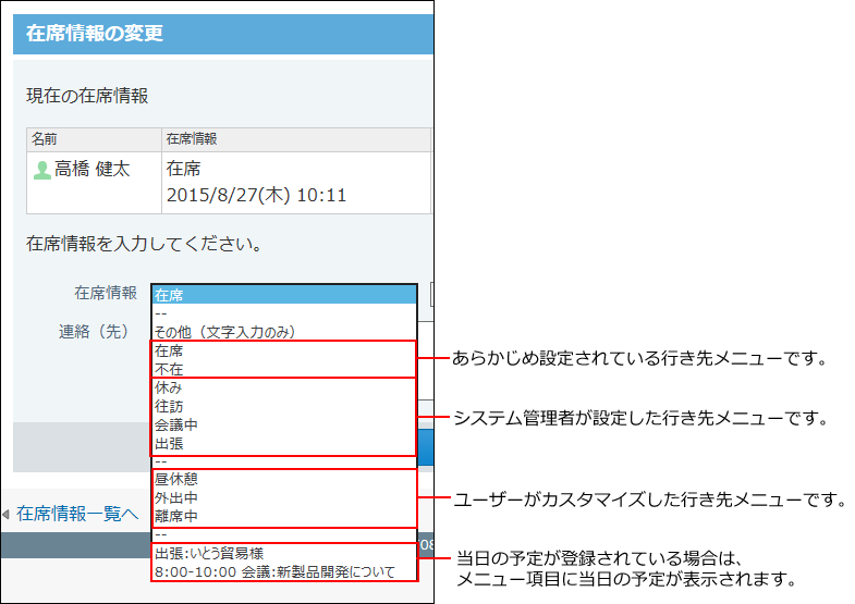 在席情報のドロップダウンリストの画像