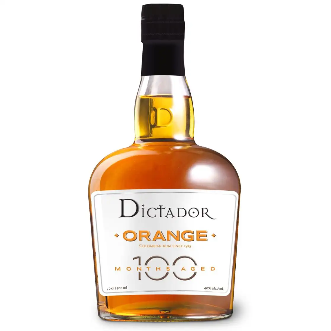 Image of the front of the bottle of the rum Dictador 100 Orange