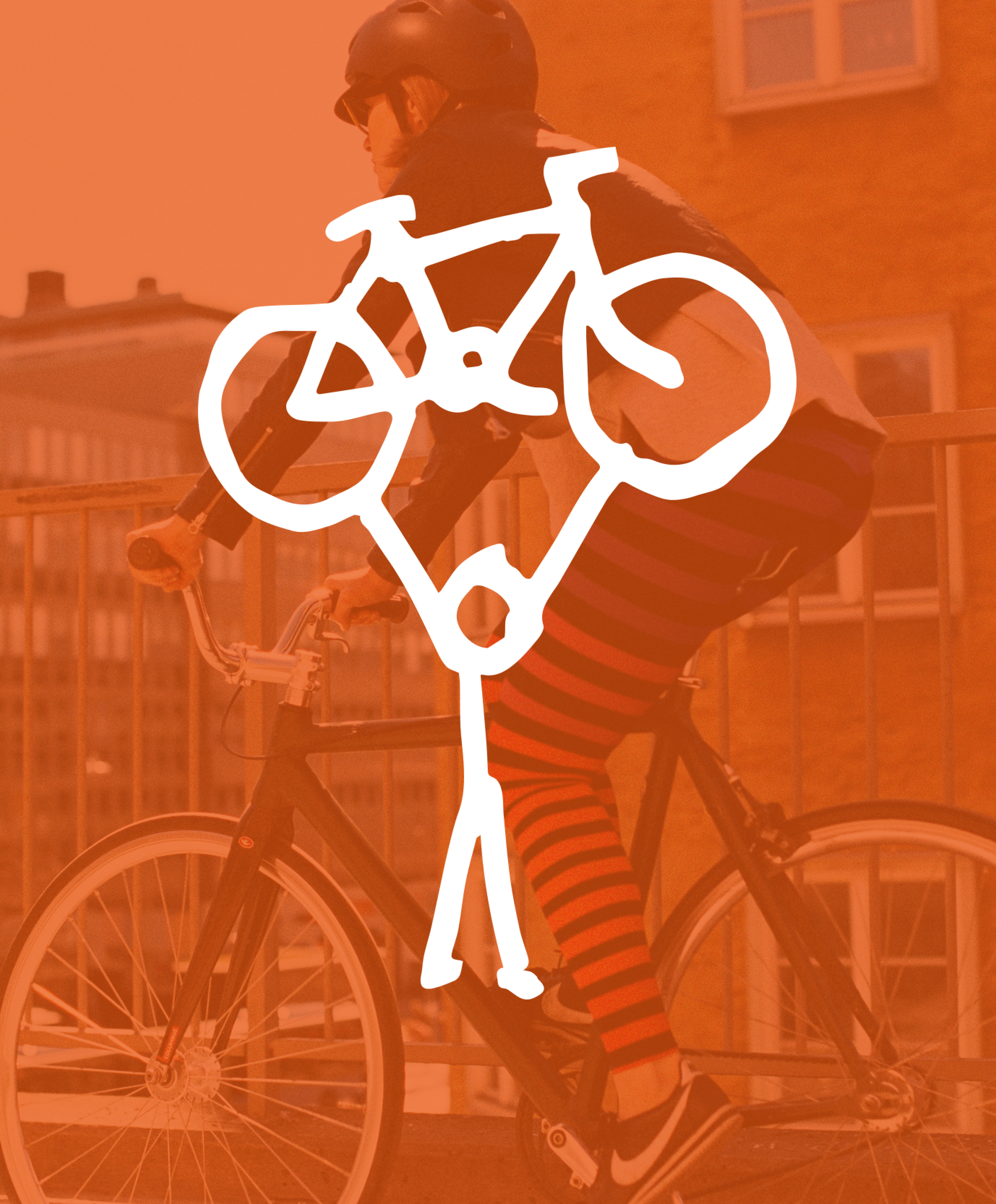 A person riding a city bike with an ATR's stick figure holding bike up logo overlayed.