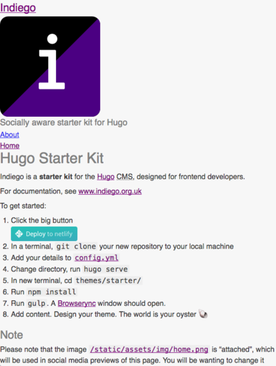 Screenshot of a page created with Indiego Hugo starter kit