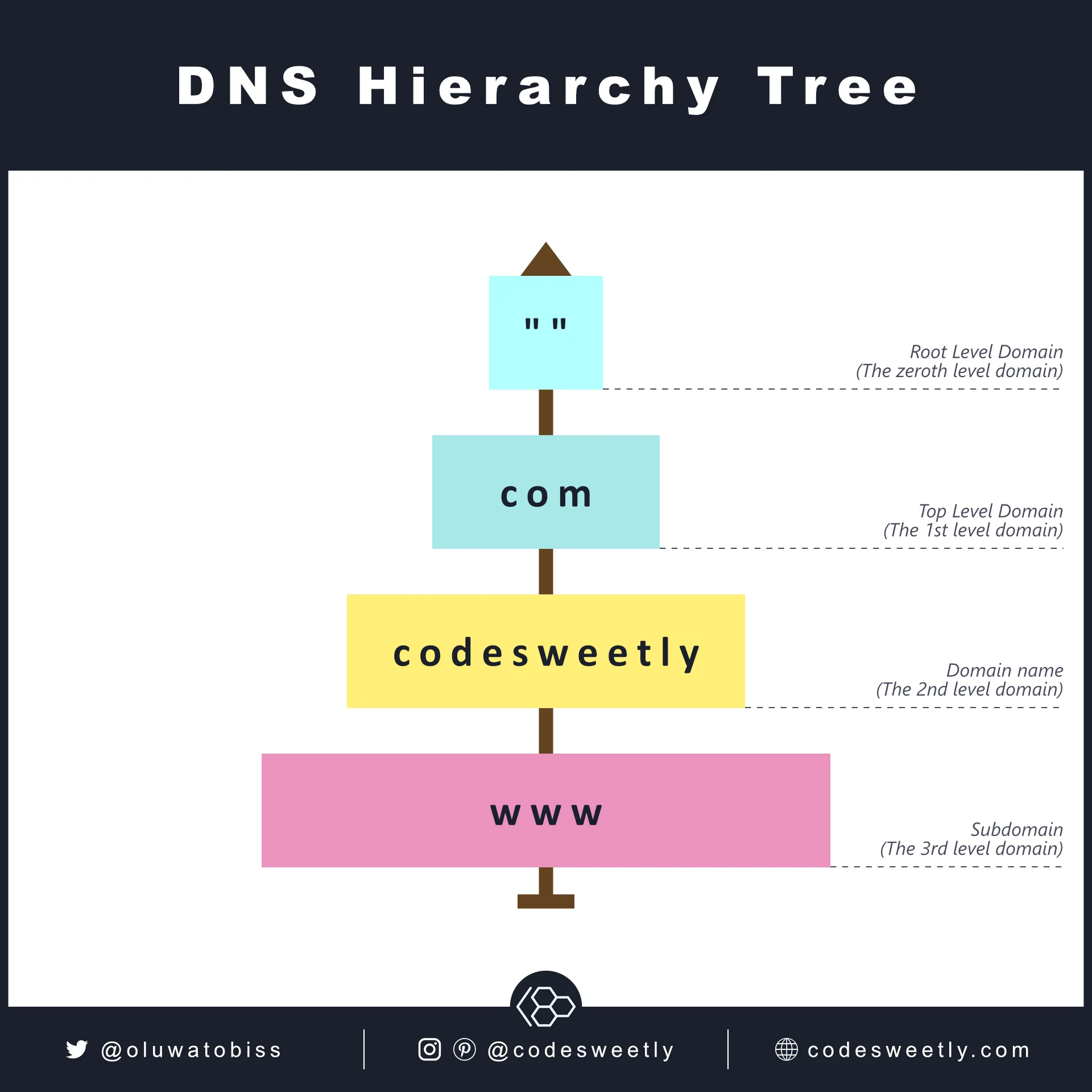 DNS Hierarchy goes from the Root Level Domain to the Top Level Domain to the Domain name and the Subdomain