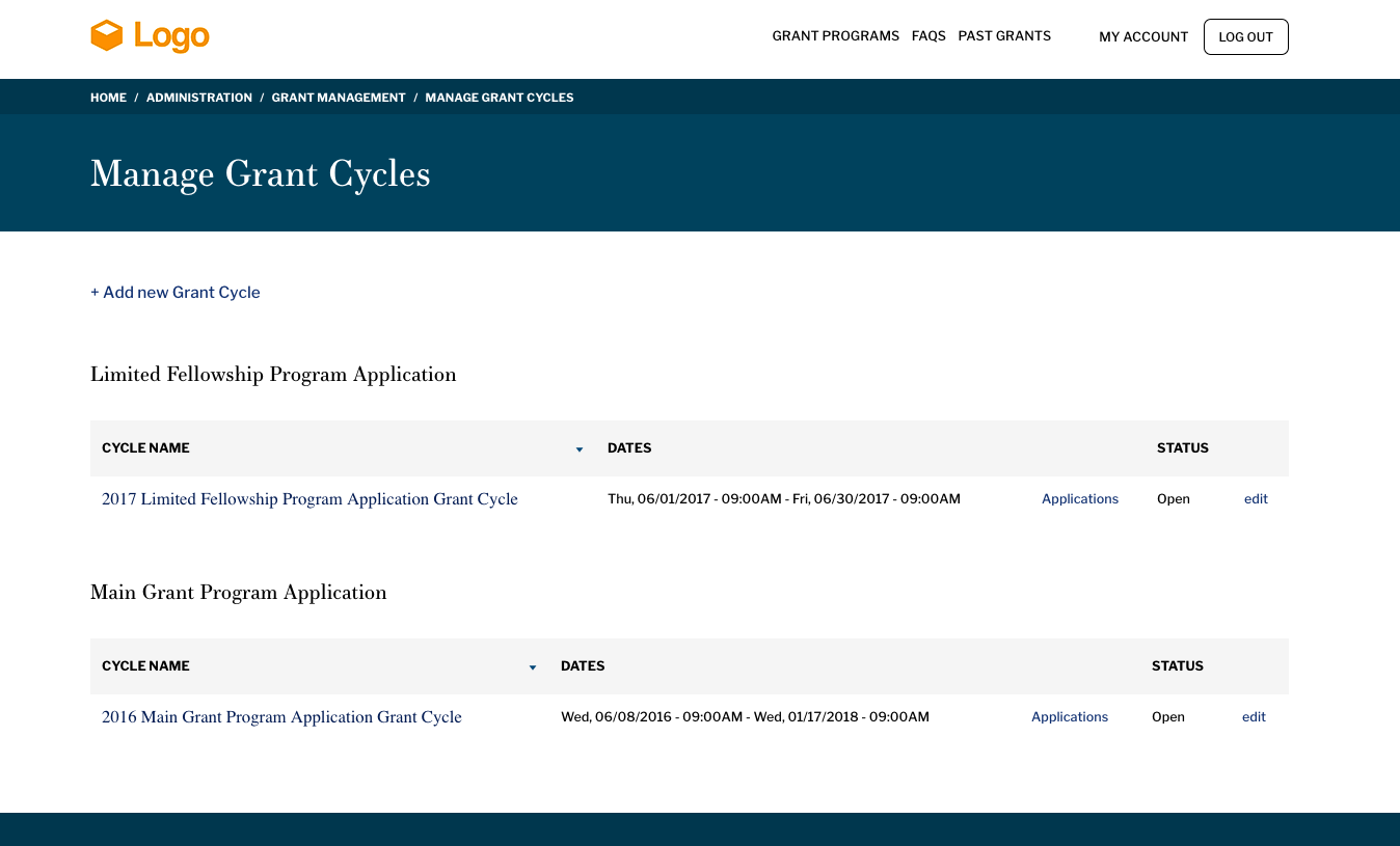 A screen listing the cycle name, dates, and statuses of multiple application cycles.