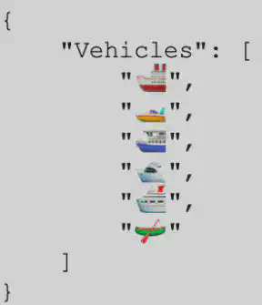 JSON object with key &ldquo;Vehicles&rdquo; containing an array of emojis
