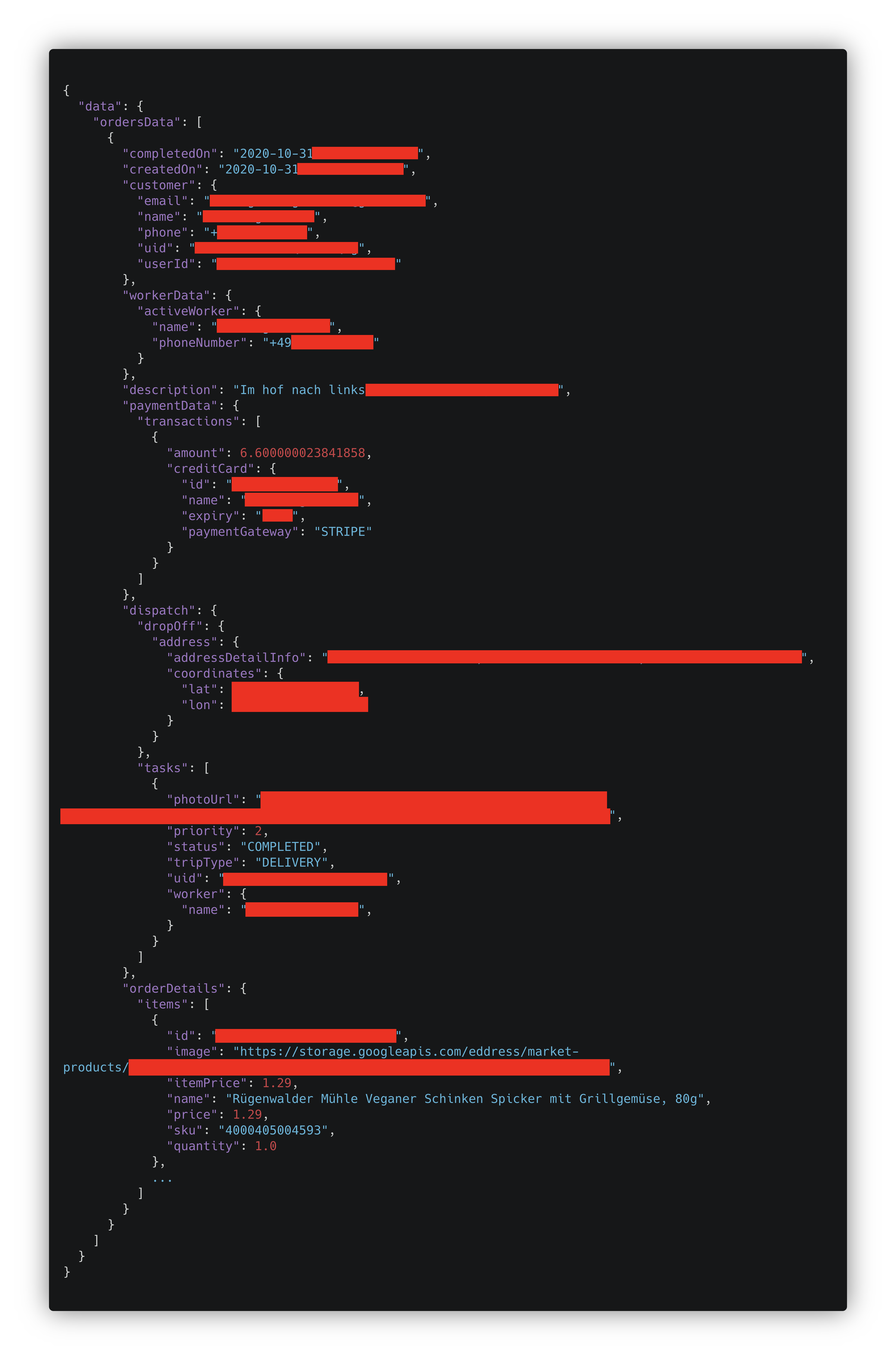 Screenshot des JSON-Returns der API. Enthält die kompletten Informationen einer Bestellung, inklusive Produkte, Betrag, Zahlungsart, Adresse, Kontaktdaten, Geokoordinaten, Bestellstatus