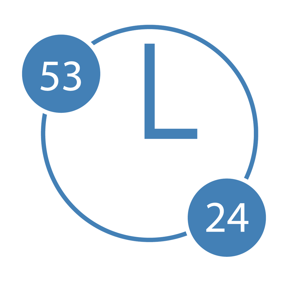 a white circle with an L in the middle depicting leadership studies, two blue mini-circles with 53 and 24 depicting credit hours.