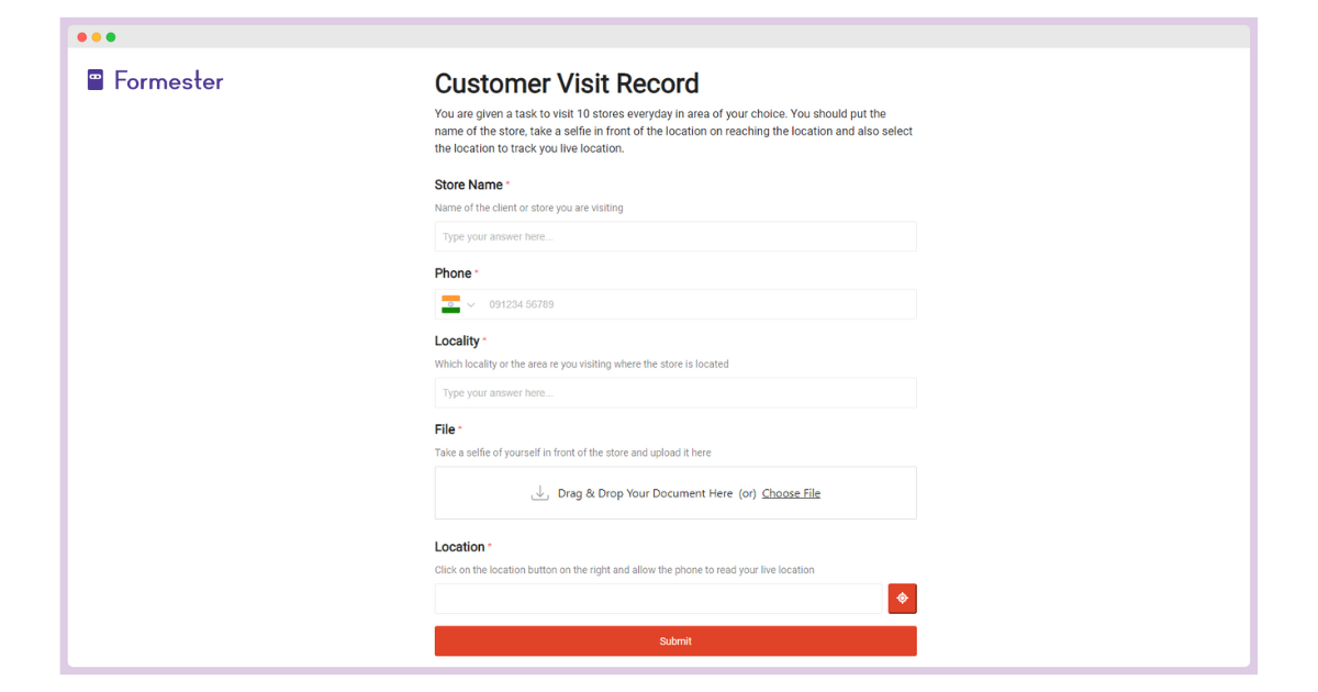 Screen Capture showing Fields Included in the Customer Visit Record Form
