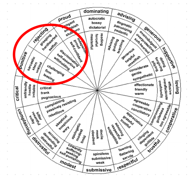 Leary's interpersonal circumplex. Red circle on the left of the circle, around punitive/rejecting.