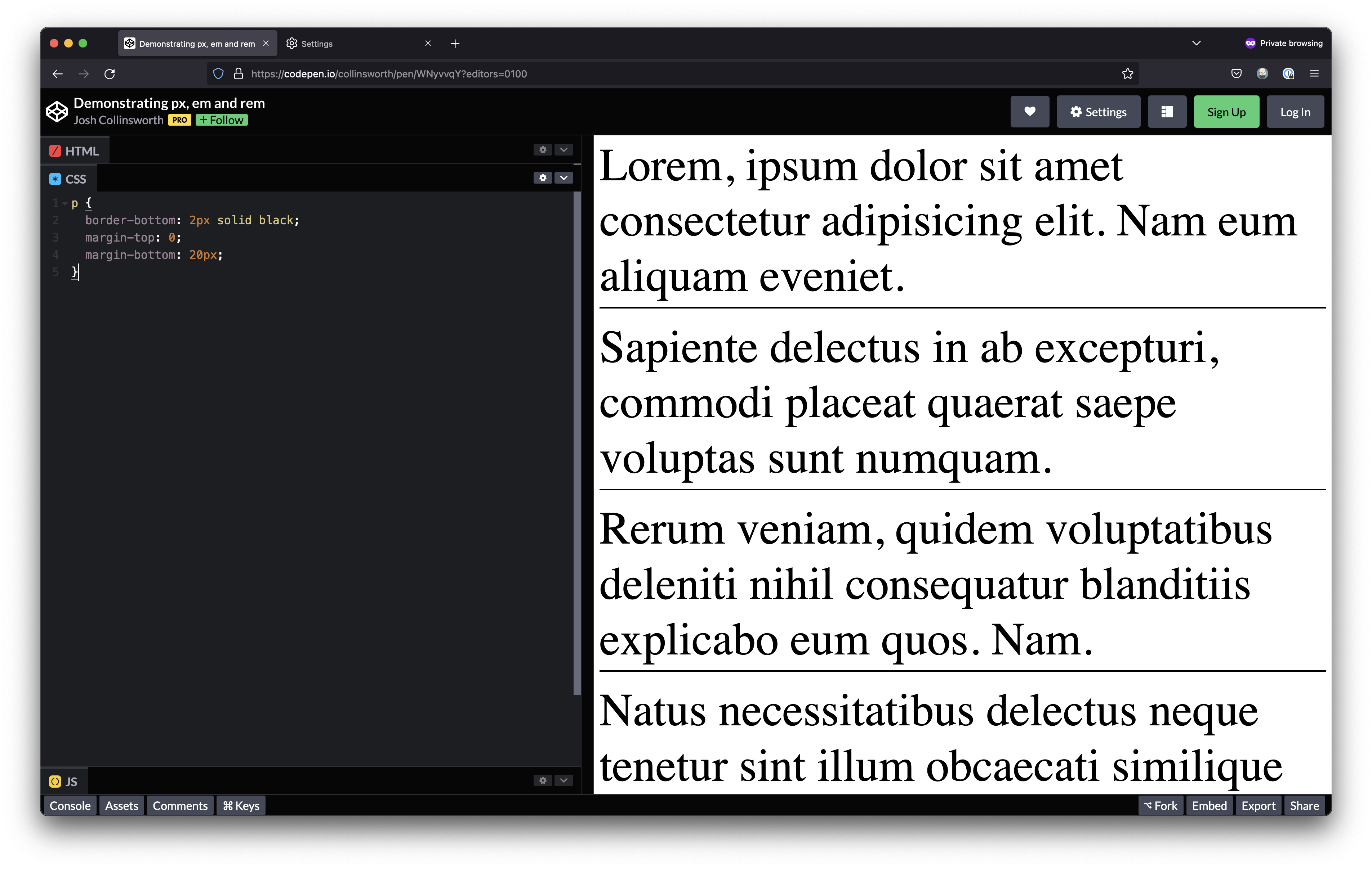 The text in the CodePen is ballooned to 4x size, but the spacing and borders remain their original size.