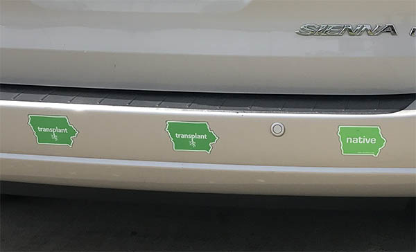 Random mini-van with Iowa Transplant stickers on it