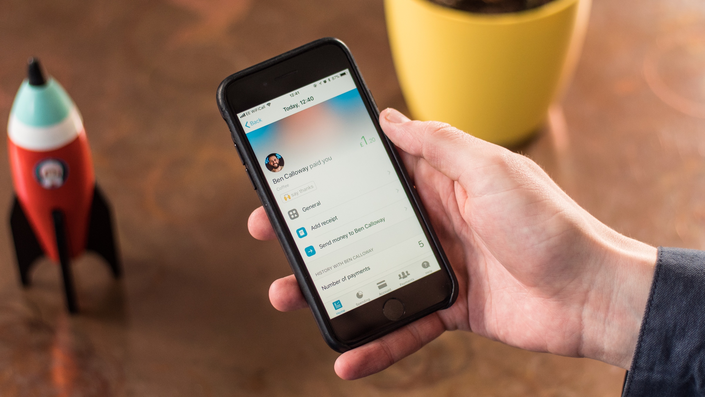 Screen showing where you can react to a payment