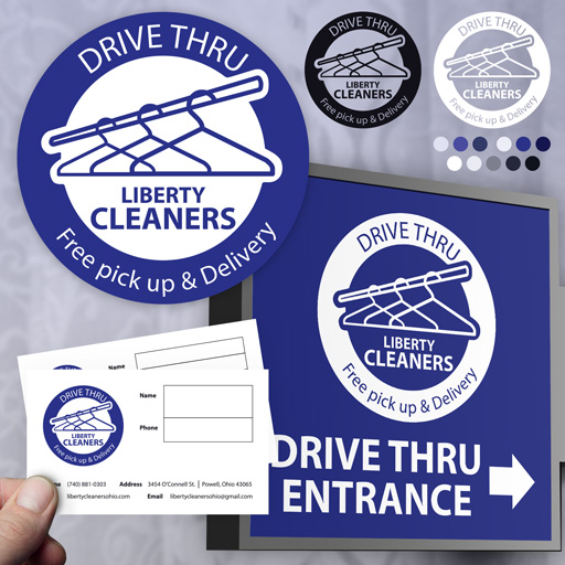 Brand materials for a family-owned dry cleaner are shown, including business cards, hanger cards, drive-thru signage, and logos.
