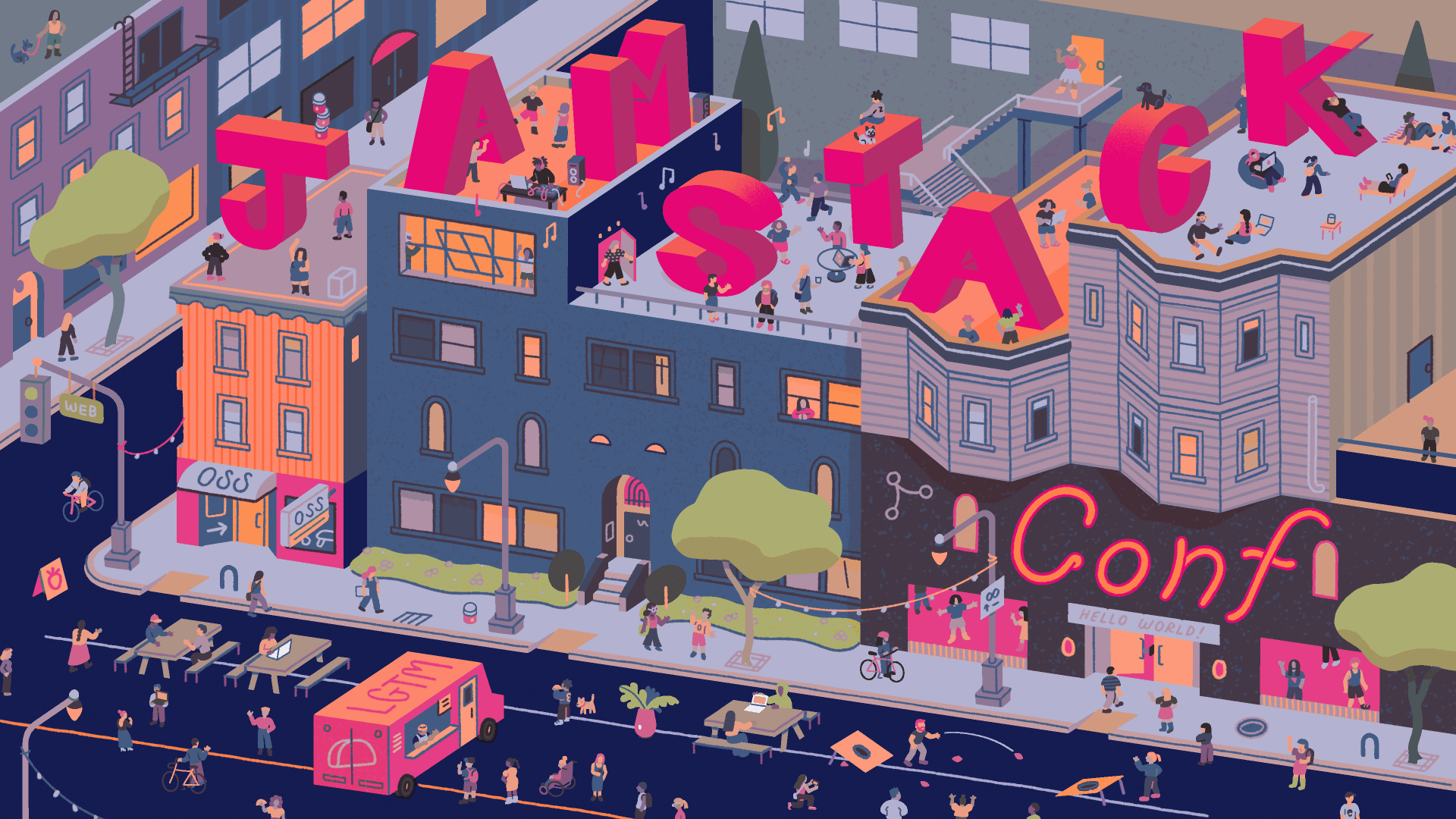 an illustrated scene of a block party with people hanging out on the street and on rooftops