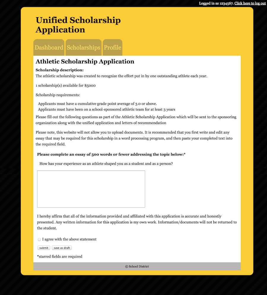 Supplemental question for an athletic scholarship.