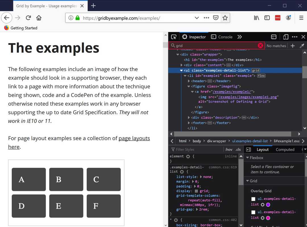 Grid marker beside CSS grid element in Firefox developer tools